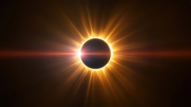Solar eclipse with dramatic light rays and dark cosmic background, moon