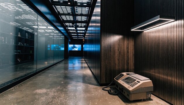 An old fax machine covered in dust, sitting quietly beneath a modern LED wall sconce in a newly renovated tech-forward hallway.  