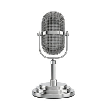 Vintage silver studio microphone on a stand for music and radio recording isolated on transparent background