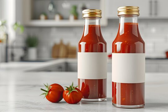 Two blank white label glass bottle mockups of red tomato ketchup standing with fresh cherry tomatoes on a table for organic food packaging design templates