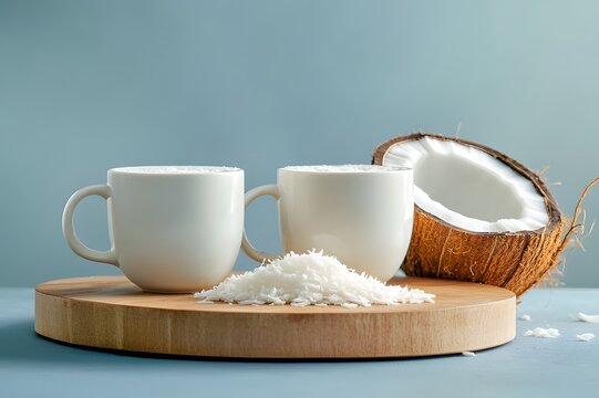 Two white cups of fresh organic coconut milk served on a wooden board near a halved nut and flakes with copy space on a soft blue backdrop template