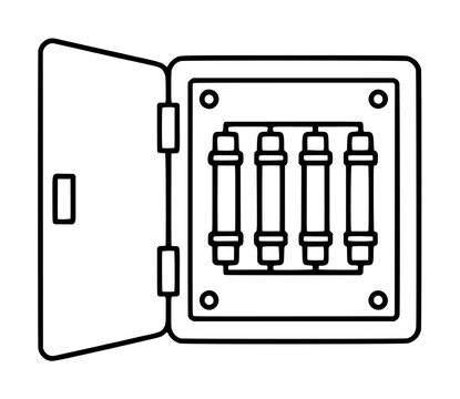 Professional electrical fuse box vector icon showing an open metal cabinet with four cylindrical fuses and wiring, ideal for industrial maintenance, power safety, and electricity illustrations.