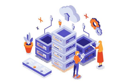 Data center 3d isometric concept with isometry people for web design. Database infrastructure with server racks for secure cloud storage technology, ai processing and computing. Vector illustration.