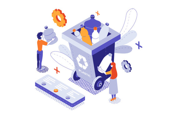 Ecology problem 3d isometric concept with isometry people for web design. Collecting trash in separation bin, recycle and reuse plastic, waste management for global eco cleanup. Vector illustration.
