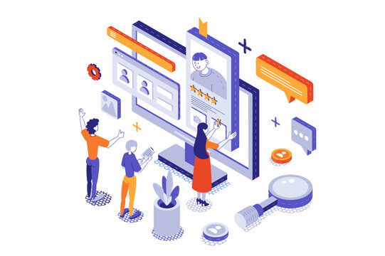 Human resources 3d isometric concept with isometry people for web design. Recruitment and hiring process with select best candidate resumes, vacancy job interview and do offers. Vector illustration.