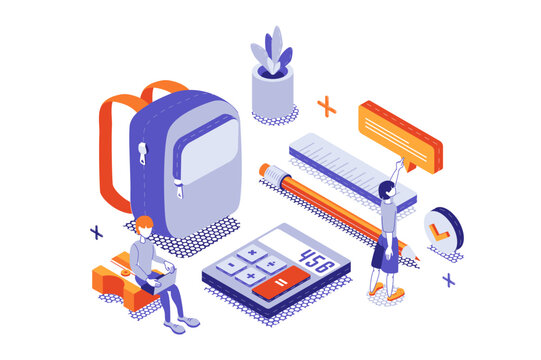 School learning 3d isometric concept with isometry people for web design. Education process and e-learning, studying at lessons and lecture, training skills and doing homework. Vector illustration.