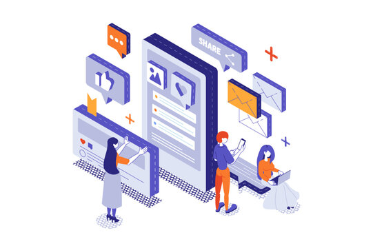 Sharing feedback 3d isometric concept with isometry people for web design. Customers evaluating satisfaction in survey, leaving online comments and reactions with positive review. Vector illustration.