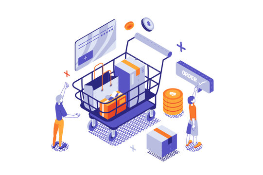 Shopping 3d isometric concept with isometry people for web design. Customers ordering and buyinging at seasonal shop clearance, sales with discount prices at supermarket or store. Vector illustration.