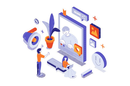 Social media influencer 3d isometric concept with isometry people for web design. Blogger creating digital content, posts in online blog, sharing and communicating with followers. Vector illustration.