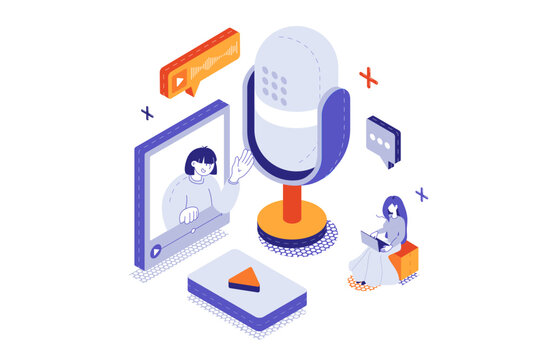 Video podcast 3d isometric concept with isometry people for web design. Team talking in microphone, recording audio broadcasting create show, making live streaming from studio. Vector illustration.