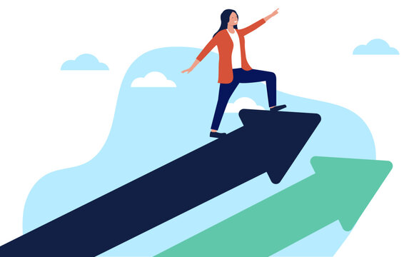 Businesswoman standing on top of rising arrow pointing up, representing career growth, leadership, success, future direction and ambition, flat design vector illustration