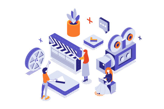 Video production 3d isometric concept with isometry people for web design. Studio crew creating digital content, shooting with camera, director with clapper, team editing footage. Vector illustration.