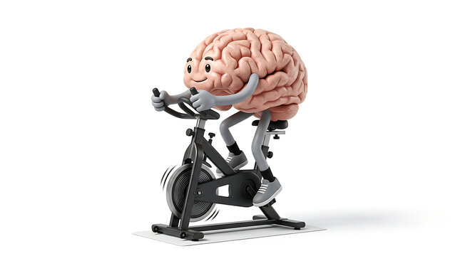 Cute cartoon brain character riding a stationary exercise bike for mental fitness