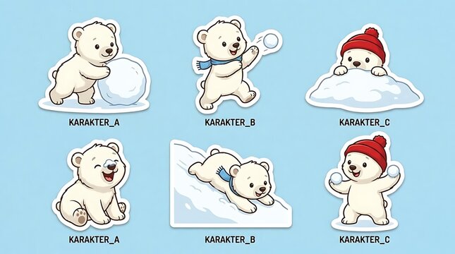 Polar bear character stickers in winter poses.