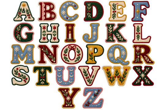Festive embroidered alphabet letters A to Z with christmas holly and snowflake decoration on transparent background. Holiday patchwork typography set for winter greeting card and new year celebration