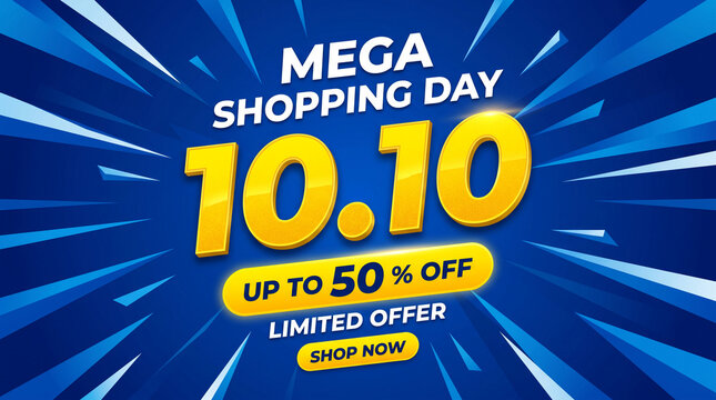 Bold graphic announcing a mega shopping day with a limited offer of up to 50% off, symbolizing a significant sale event for consumers.