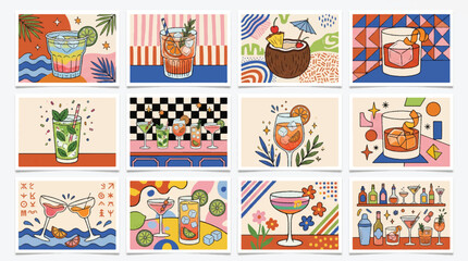 Fototapeta premium Retro Summer Cocktail Bar Menu and Tropical Drink Postcard Illustration Set