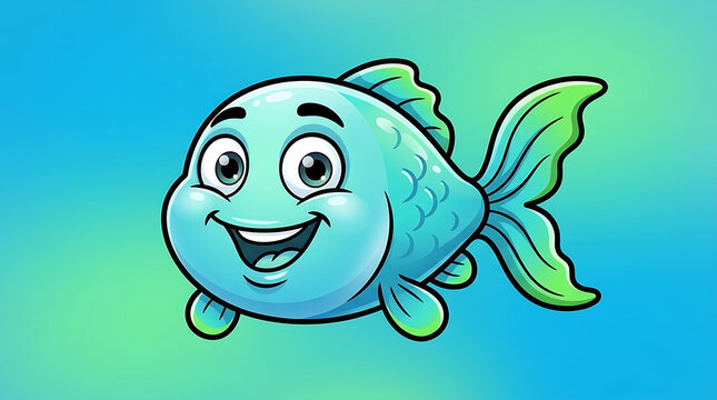 Happy Blue Cartoon Fish Swimming in Water with Bright and Vibrant Colors