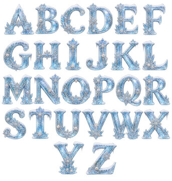 Icy crystal alphabet letters A to Z with snowflake and snow decoration on transparent background. Frozen winter font for Christmas and New Year greeting card and festive decoration