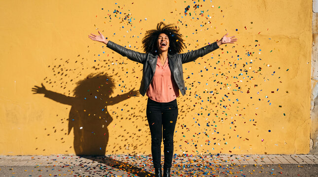 A person with curly hair throws colorful confetti in the air against a yellow wall, symbolizing celebration and joy