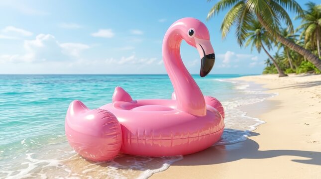 Pink flamingo pool float on tropical beach