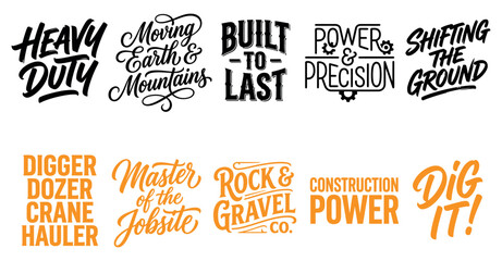 Obraz premium Set of heavy duty construction and excavation typography emblems and slogans for building equipment Minimal solid typography set bundle collection. Editable Vector Illustration Mega pack