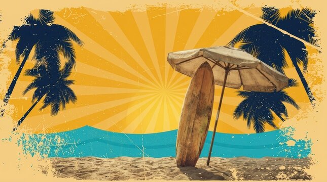 Vintage beach surf poster with surfboard and palm trees