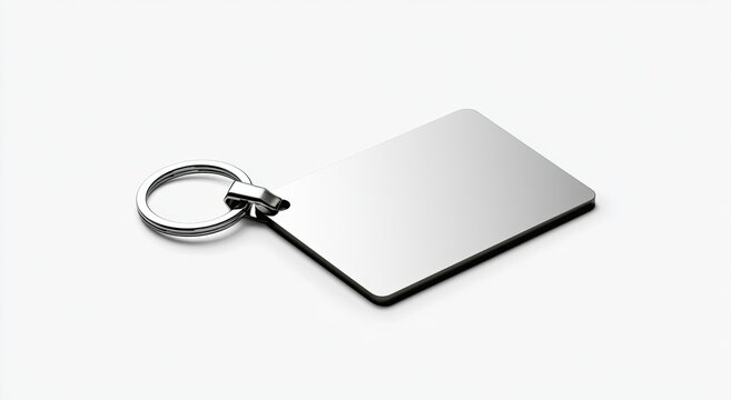 Sleek, rectangular metal keychain with a silver ring on a white background