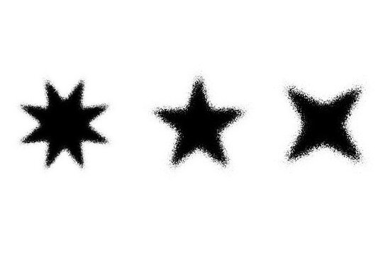 Three distinct black star shapes with a grainy, distressed aerosol spray paint texture isolated on a clean white background, perfect for urban and grunge design projects.