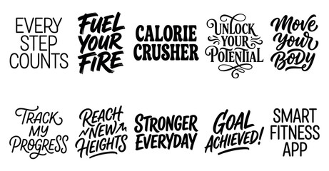 Obraz premium Set of motivational fitness and workout typography quotes for gym posters and healthy lifestyle design Minimal solid typography set bundle collection. Editable Vector Illustration Mega pack