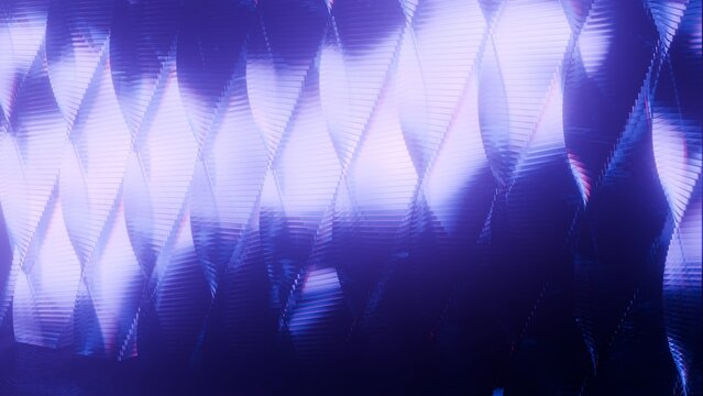 Abstract glowing purple glass twisted towers wall texture pattern with neon refractions, Futuristic 3D render