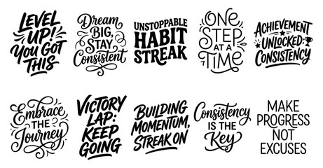 Naklejka premium Set of hand drawn motivational quotes for success and personal growth with creative lettering and typography Minimal solid typography set bundle collection. Editable Vector Illustration Mega pack