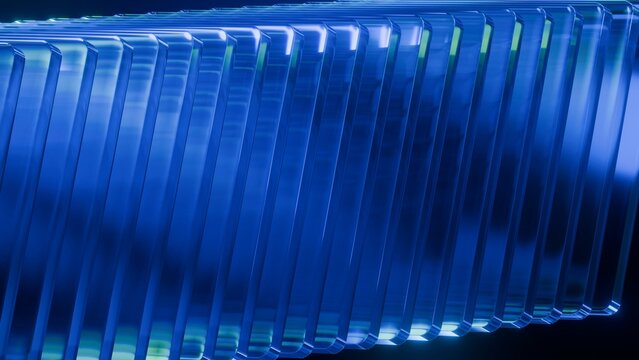 Abstract blue glass plates background with neon edge light refractions and bevel reflections