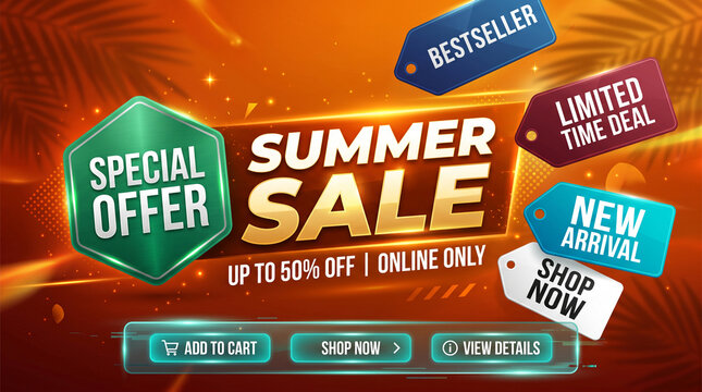 Summer sale graphic with "special offer", "bestseller", "limited time deal", "new arrival" tags and discounts, promoting online shopping with buttons.
