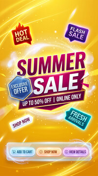 Summer sale graphic with "Summer Sale", "Hot Deal", "Flash Sale", "Exclusive Offer", "Fresh Arrivals", "Shop Now", "Add to Cart", "View Details" buttons, symbolizing discounts and promotions.