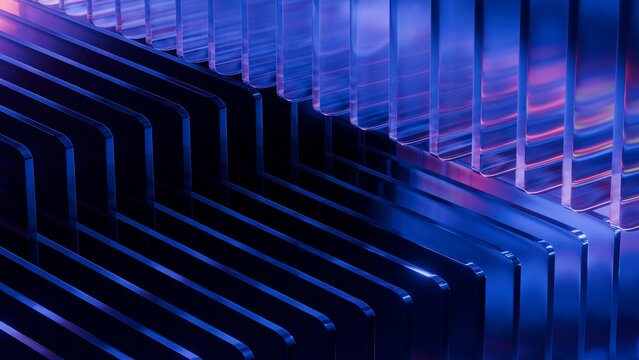 Abstract glass fins background with blue and purple neon light reflections and diagonal geometric pattern
