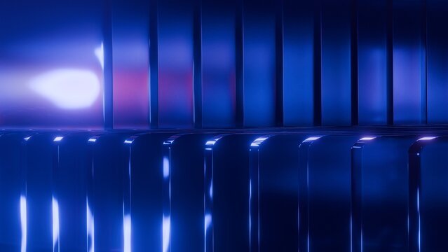 Abstract blue glass curved panels background with neon edge light reflections and studio copy space