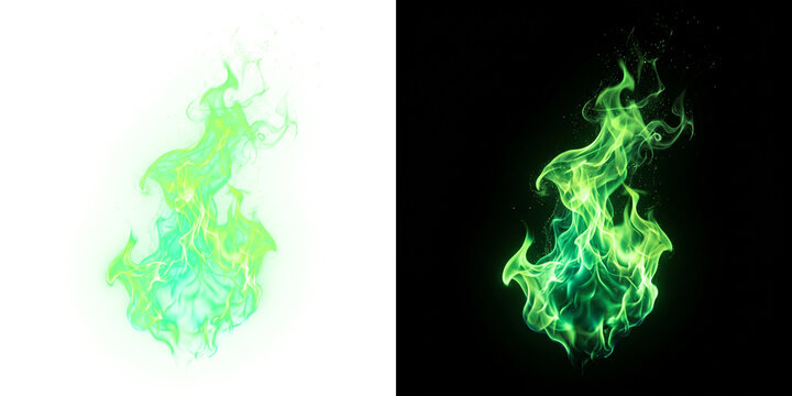 Green fire flame effect, mystical emerald bonfire, glowing magic energy
