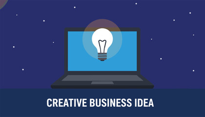 Fototapeta premium Laptop screen displaying a glowing lightbulb representing a creative business idea on a starry night sky background.