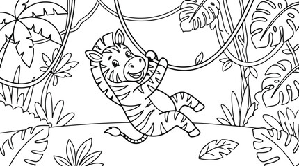 Naklejka premium Cute cartoon zebra swinging on a vine in the jungle, coloring page for kids