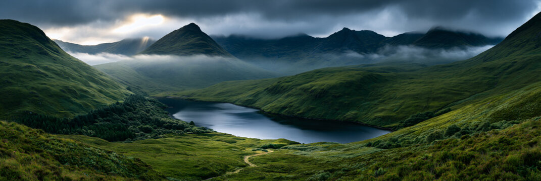 scottish highlands at dawn with misty mountains and a tranquil loch, misty scottish highlands landscape with rolling hills, dramatic scottish mountain landscape emerging through morning mist