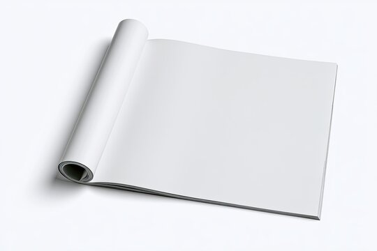 An open, blank magazine or book lies flat on a white surface