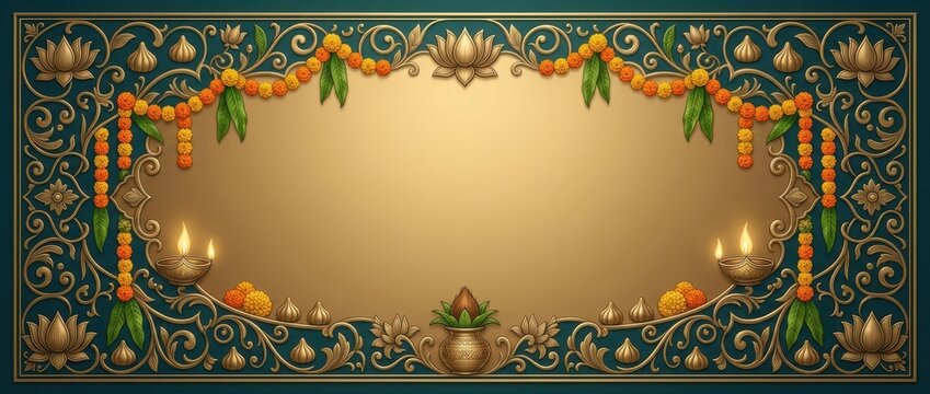 Traditional indian religious festival banner with golden floral ornaments and glowing lamps