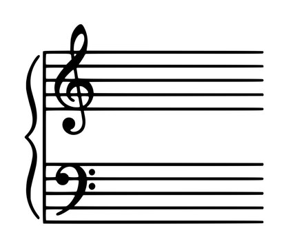 Musical grand staff vector icon featuring treble and bass clefs on a five-line staff with a connecting brace, perfect for sheet music design, piano notation, and classical music theory education.