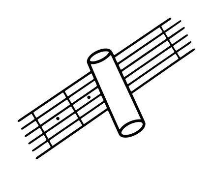 A clean black and white vector icon illustration depicting a guitar neck with strings and frets featuring a cylindrical slide bottleneck for playing blues music and expressive slide guitar.
