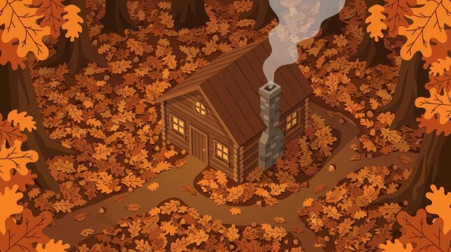 Isometric log cabin in autumn forest