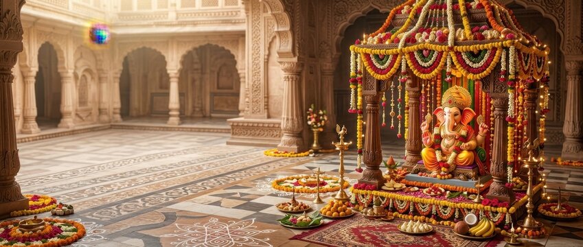 Elaborate shrine decorated with colorful flowers and golden statue inside grand hall