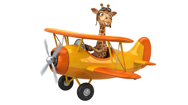 Fun 3D Cartoon Giraffe Character Flying a Vintage Yellow Biplane Airplane Pilot