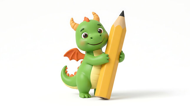 Charming green dragon mascot joyfully embraces a giant yellow pencil, symbolizing creativity and education