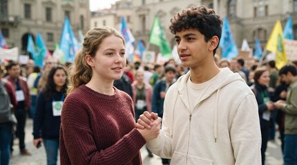 Fototapeta premium Young teenage couple holding hands at a public protest. Teenagers participating in a rally with crowd and flags